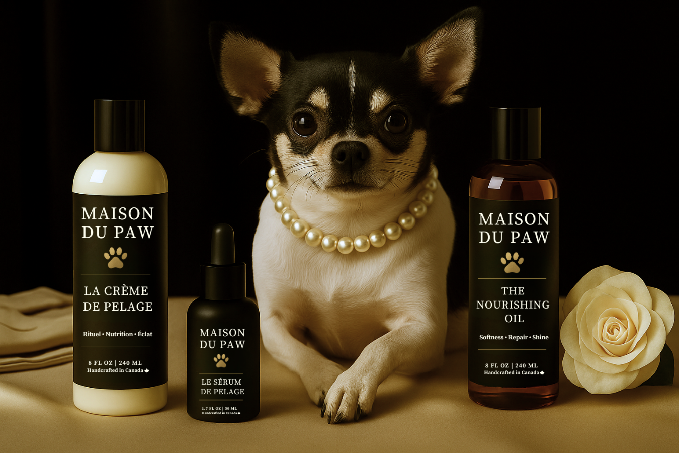 Dog with pearl necklace surrounded by Maison du Paw pet care products on a dark background
