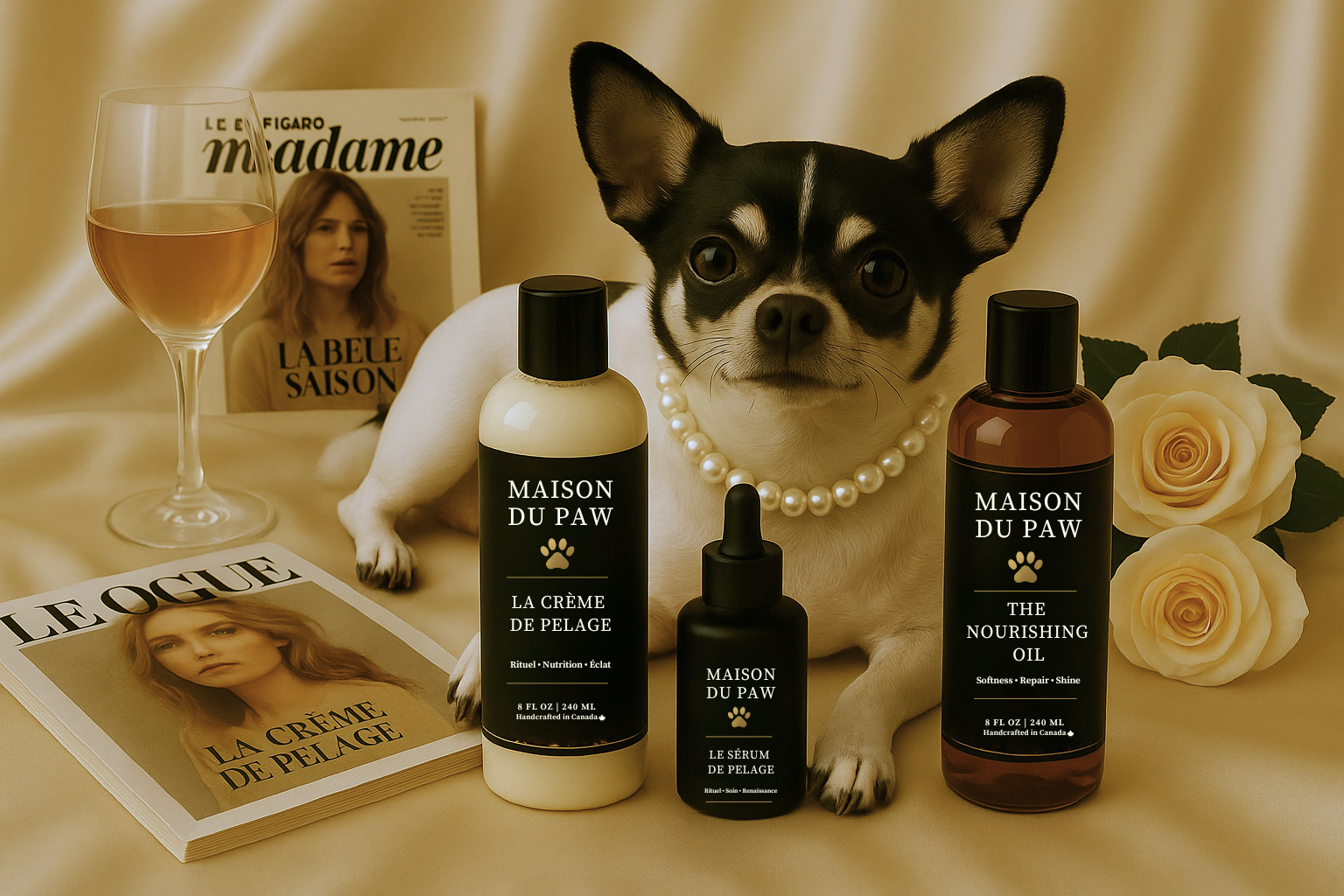 Dog with Maison du Paw products and a glass of wine on a table.